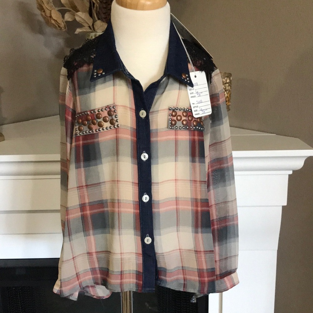 Hannah Banana Sheer Plaid Lace/Stud Trimmed Shirt